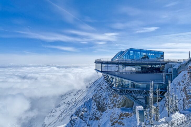 At the top station of the new Zugspitzbahn, on Germany’s highest peak, there is also a restaurant where guests can enjoy a unique panoramic view